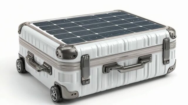 Silver hard-shell suitcase with a solar panel on top, rugged corners, handles, and wheels.