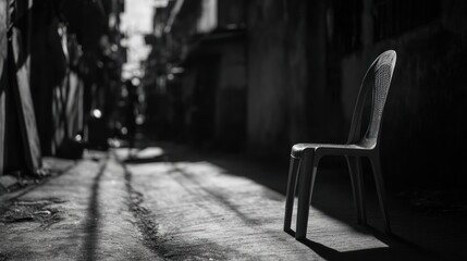 Solitary chair in alleyway black and white photography urban scene