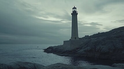 A solitary lighthouse stands tall against a moody, overcast sky, its beacon a guiding light amidst the vast, dark expanse of the sea and rocky shore