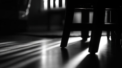 Black and white interior photograph featuring light and shadow details