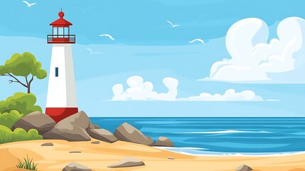 A vibrant cartoon lighthouse graces a sunny beach, with gentle waves, fluffy clouds, and playful seagulls creating a cheerful coastal scene