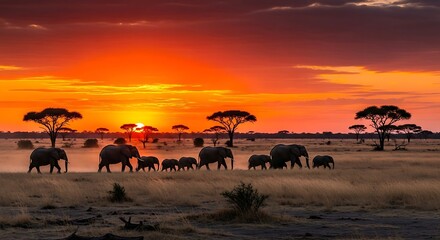 African sunset silhouette of elephants walking across the savanna.