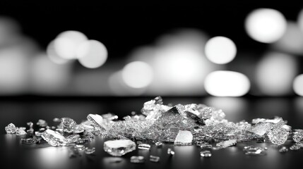 Shattered glass fragments in black and white with bokeh background