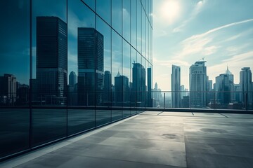 Fototapeta premium Bright glass wall office building with city view and reflect shadow for background