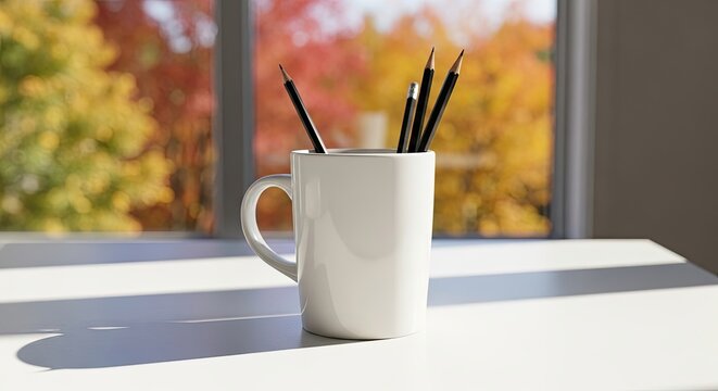 Pencils in a Mug on a Table with Autumn Foliage Outside the Window