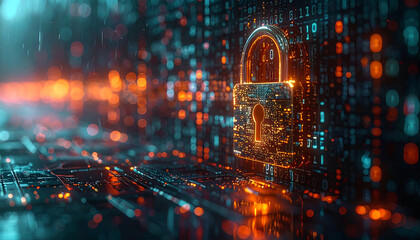 Digital Fortress: A symbolic representation of data security, with a glowing padlock superimposed on a futuristic digital landscape, highlighting the crucial concept of protection and privacy.