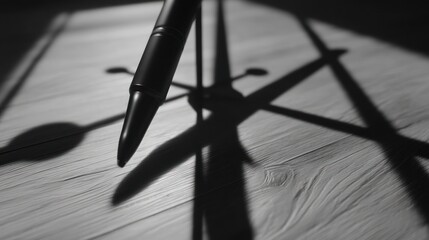 Pen and shadow on wood surface creating abstract pattern in monochrome