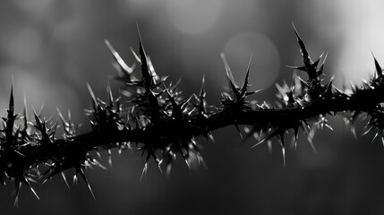 Close up of thorny branch in black and white with soft background bokeh