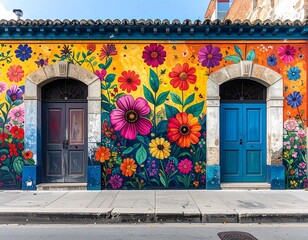 Street Mural with Floral Patterns and Vibrant Colors