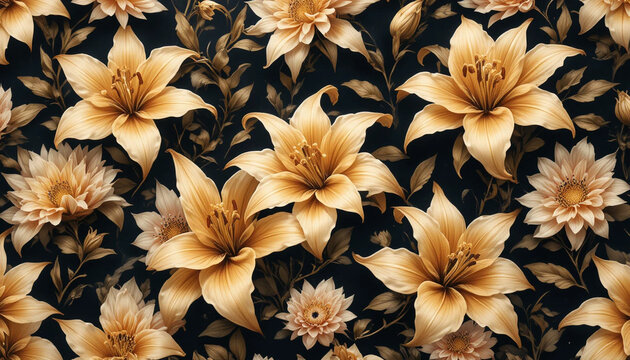 Vintage luxury seamless floral background with golden lilies flowers. Romantic pattern template for wall decor, wallpaper, wedding invitations, ceremonies, cards.