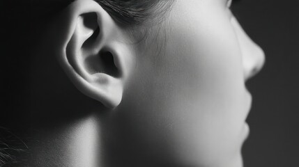 Close up profile of a persons ear and face grayscale studio shot