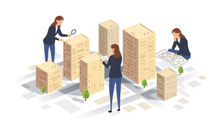 Female Architects and Realtors Working in an Isometric City. Real estate search and property analysis on city map. Concept of construction, investment. Isometric Vector illustration