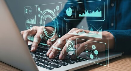 Male Hands Typing on Laptop Keyboard with Futuristic Digital Data Interface Overlay