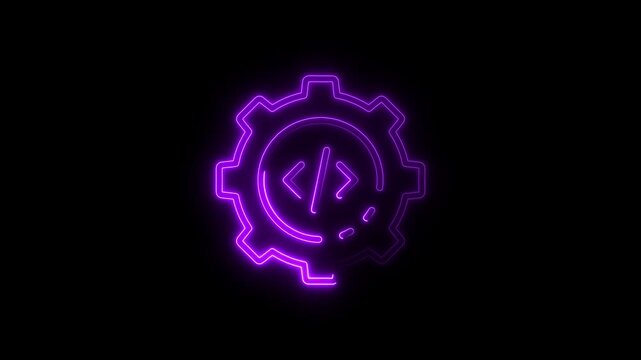 Neon purple coding gear icon with angle brackets on black background digital technology concept