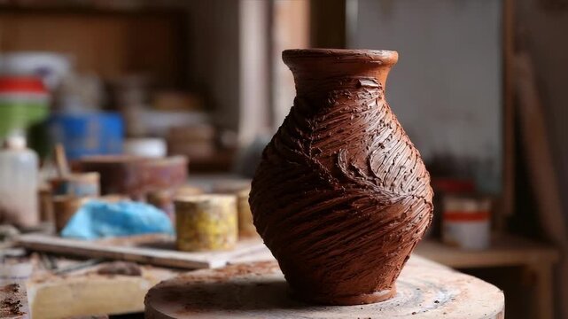 A brown textured ceramic vase on a potter's wheel in a pottery workshop.