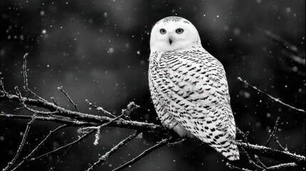Snowy owl perched on a branch during a winter snowfall in black and white