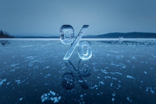 Transparent ice percent symbol on frozen lake. Concept of cold economy, interest rates, winter finance, frozen assets, risk.