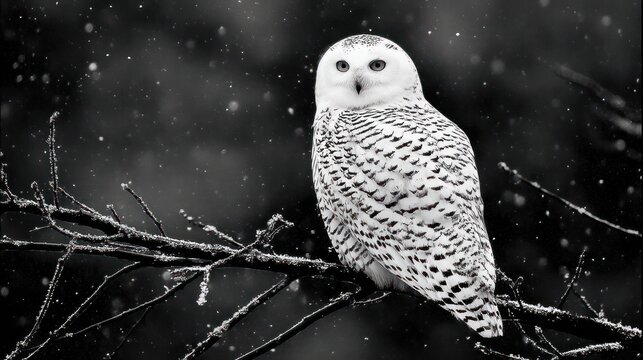 Snowy owl perched on a branch during a winter snowfall in black and white