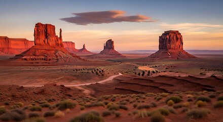 Naklejka premium Monument Valleys Majestic Buttes at Sunset - A Timeless Desert Landscape.