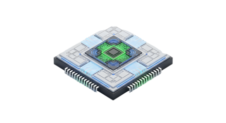 Advanced Computer Microprocessor Chip with Green and Blue Circuitry on Gray Background