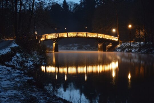 A nighttime shot of a bridge, with lights reflecting off the calm water below