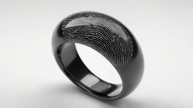 A glossy black ring with a fingerprint pattern engraved on its top surface.