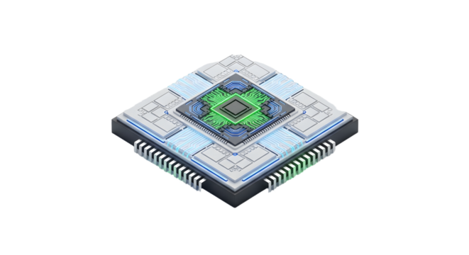 Advanced Computer Microprocessor Chip with Green and Blue Circuitry on Gray Background