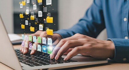 Man Typing Laptop Keyboard with Flying Folders and Documents Overlay