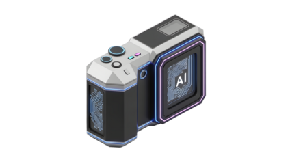 Futuristic AI Chip Device with Neon Lights on White Background