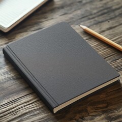 A notebook mockup with a custom cover design, lying on a wooden desk with a pencil
