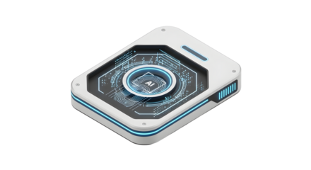 Futuristic Artificial Intelligence Chip with Digital Interface and Blue Lighting on White Background
