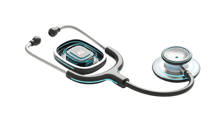 Futuristic Artificial Intelligence Medical Stethoscope with Digital AI Chip on White Background