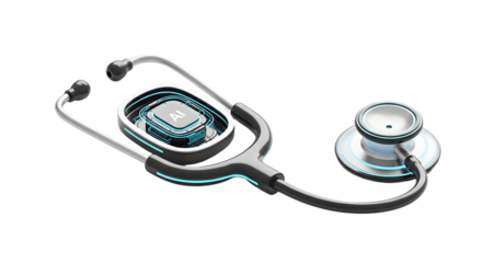 Futuristic Artificial Intelligence Medical Stethoscope with Digital AI Chip on White Background
