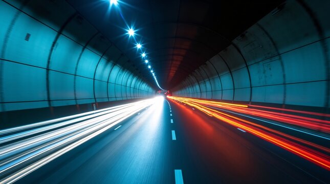 Fototapeta A tunnel with streaks of light from moving vehicles, illuminated by blue lights.