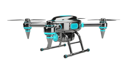 Futuristic Black and Blue Drone with Multiple Rotors and Landing Gear in White Background