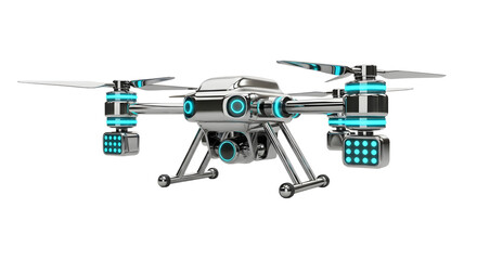 Futuristic Black and Silver Drone with Blue Lights on White Background