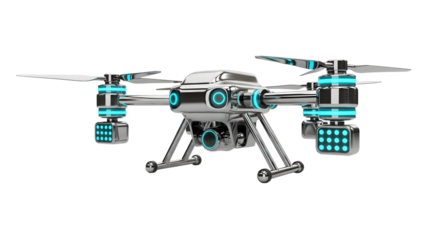Futuristic Black and Silver Drone with Blue Lights on White Background