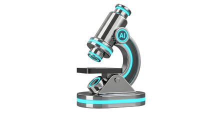 Futuristic Black and Silver Microscope with Blue Neon Accents on White Background