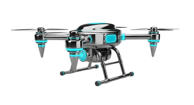 Futuristic Black and Blue Drone with Multiple Rotors and Landing Gear in White Background