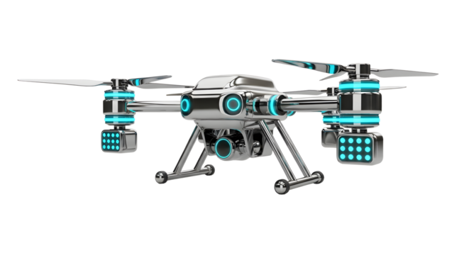 Futuristic Black and Silver Drone with Blue Lights on White Background