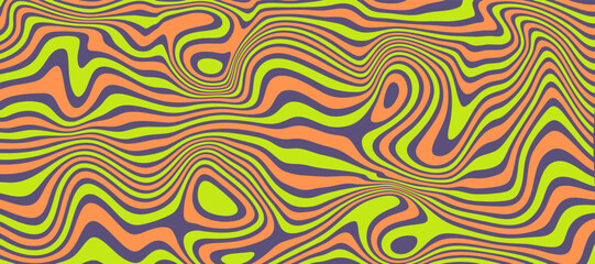 Psychedelic warped lines background in vibrant green and orange. Abstract retro 60s op art pattern with a hypnotic, trippy motion for posters or covers.