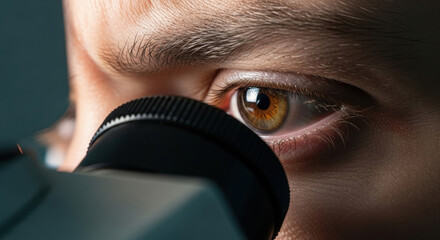 Focused researcher eye viewing drug development for clinical trials. concentrated scientist looking through microscope in laboratory for medical breakthrough
