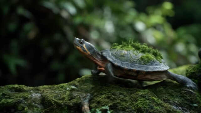 A turtle with moss on its shell walks on mossy rocks in a lush green forest