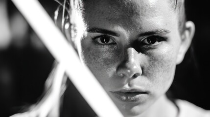 Dramatic portrait of a young person with strong eyes and focused expression