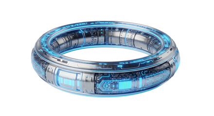 Futuristic Circular Technology Ring with Blue Neon Lights and Digital Circuitry