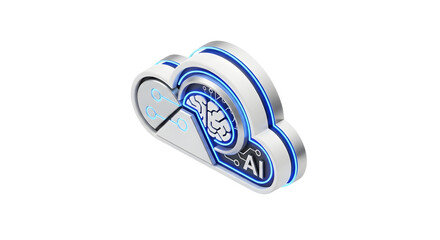 Futuristic Cloud Computing Artificial Intelligence Icon in Neon Blue and White Style