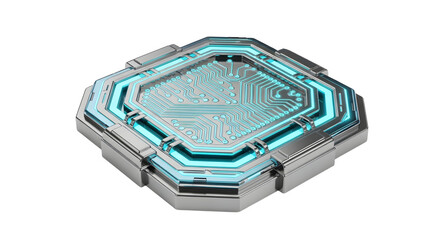 Futuristic Computer Chip with Blue Circuitry and Metallic Edges on White Background