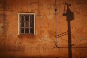 Obraz premium Orange brown cement wall with window and cable line shadow background