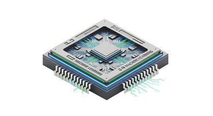 Futuristic Computer Chip with Circuitry and Data Flow in White Background