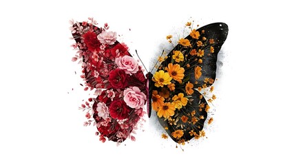 Butterfly made of flowers, half red and half yellow, isolated on white background